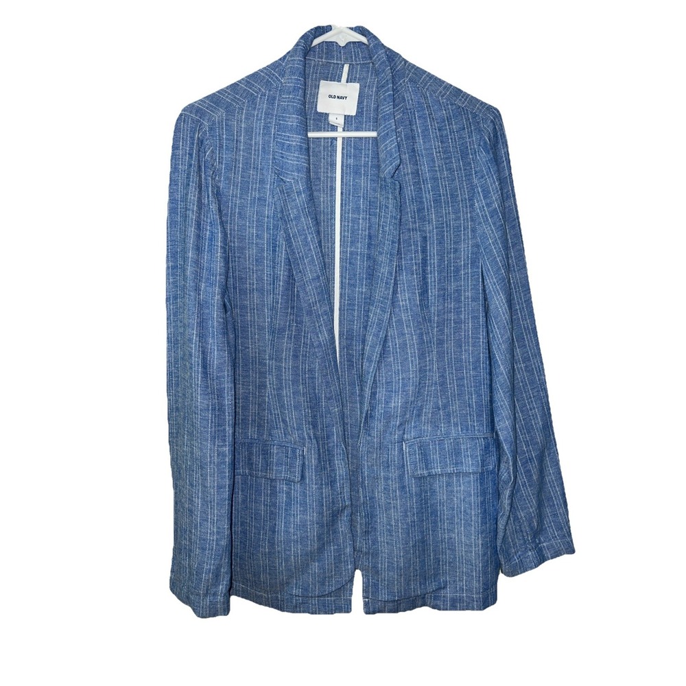 Old Navy Linen Open Jacket‎ Chambray Stripe Blue White Women's Blazer Size Small